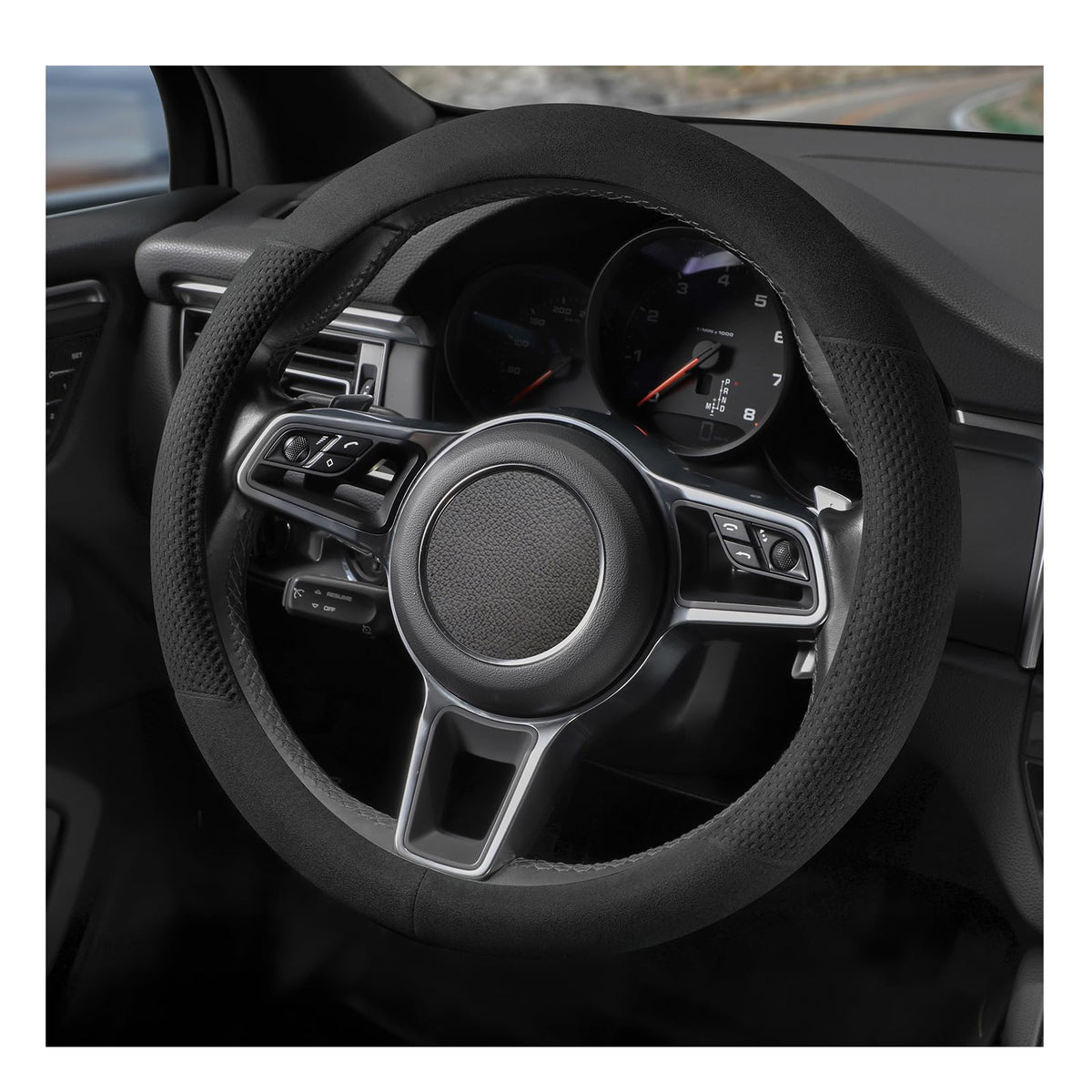 Suede Steering Wheel Cover with Upgraded Silicone Inner Ring, Anti Heat, Breathable, Anti-Slip, Leather Universal 14.5 to 15 inch Steering Wheel Cover (Black and Red, Solid)