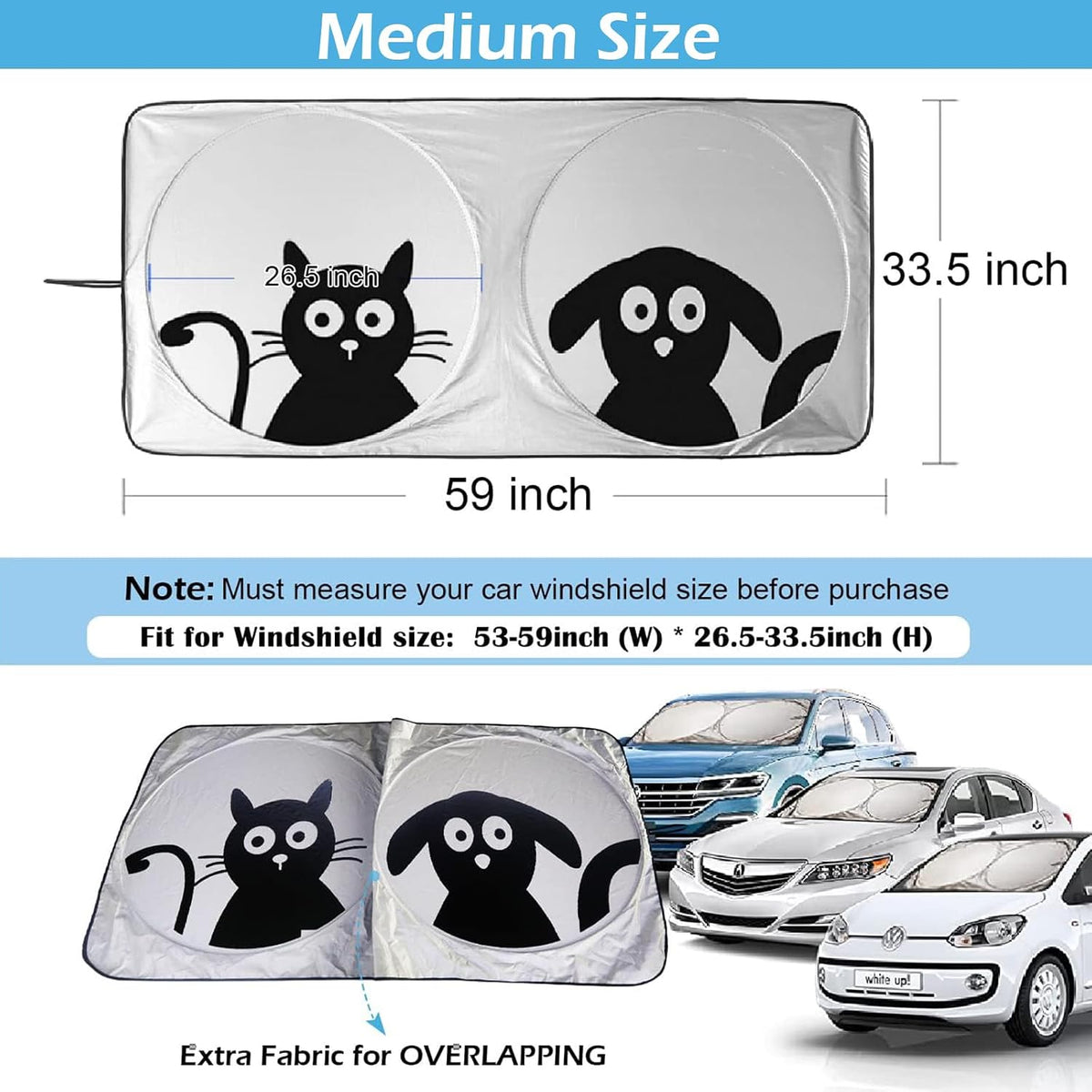 Car Windshield Sunshade, Cute Dog & Cat Front Windshield Sun Shade - Medium