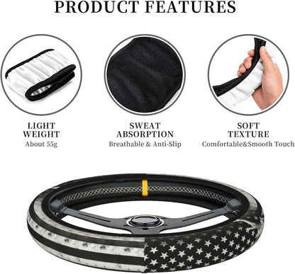Black White American Flag Steering Wheel Cover - Retro USA Flag Steering Wheel Protector Neoprene 15Inch Car Accessories 2 Pcs Car Coasters for Women Men