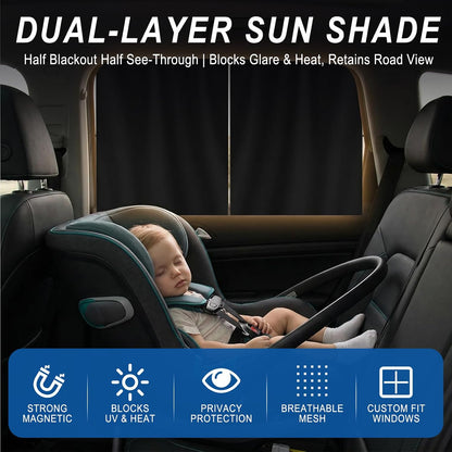 Car Window Shades, 2 PCS Magnetic Double Layer Car Sun Shade for Baby, Auto Back Side Window Screen Curtains with 10 Strong Magnets, Privacy Blackout/Half Cover for SUV, Sedan, Truck
