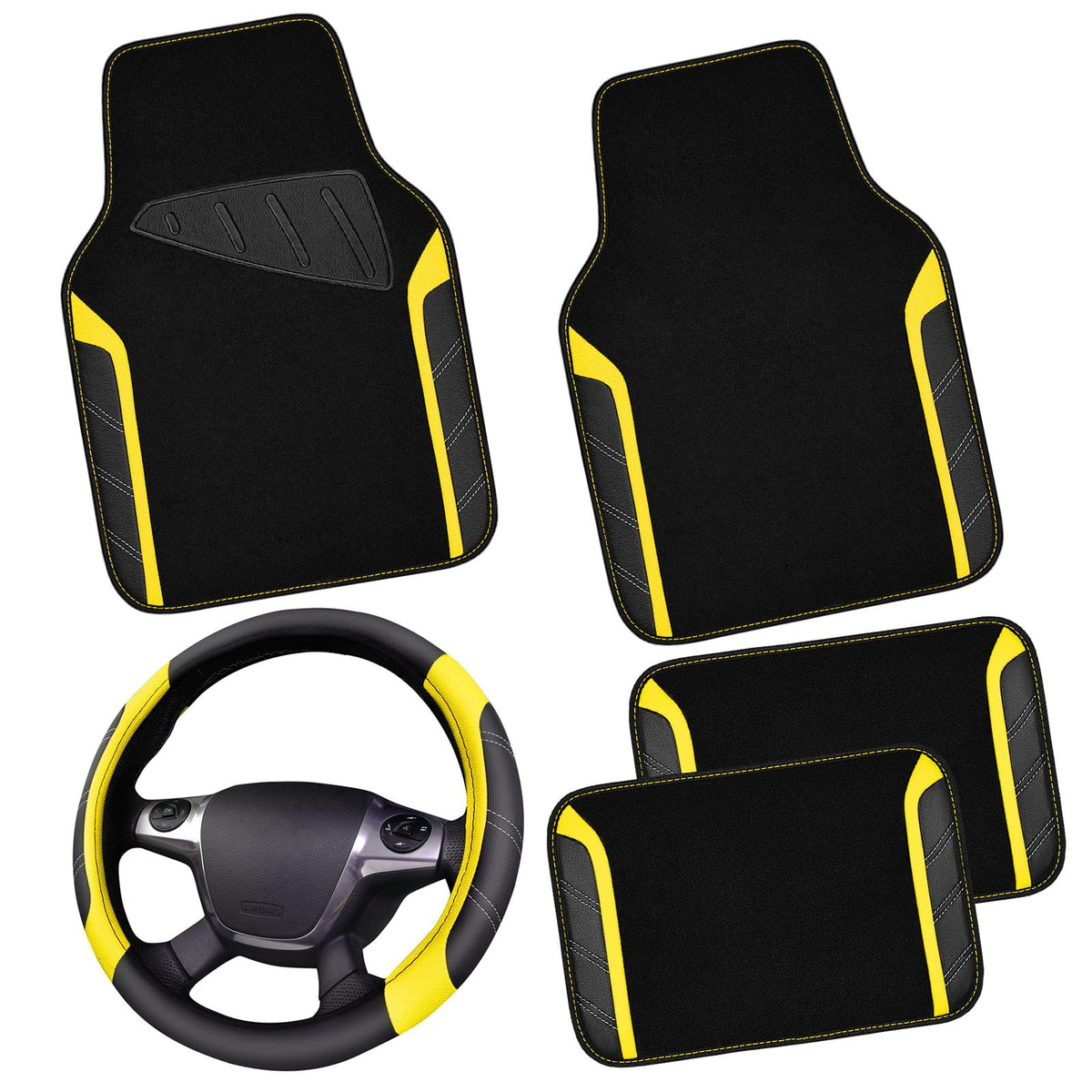 CAR PASS Microfiber Steering Wheel Cover and Waterproof Car Floor Mats,Leather Universal Car Combo Fit for 95% Truck,SUV,Cars,14.5-15inch Sporty Anti-Slip Safety Comfortable Design(Black and Pink)