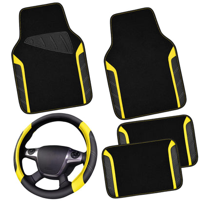 CAR PASS Microfiber Steering Wheel Cover and Waterproof Car Floor Mats,Leather Universal Car Combo Fit for 95% Truck,SUV,Cars,14.5-15inch Sporty Anti-Slip Safety Comfortable Design(Black and Pink)
