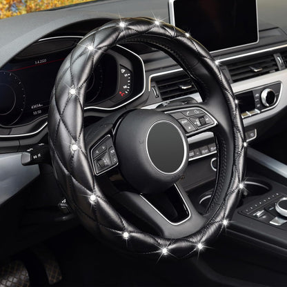 KAFEEK Diamond Leather Steering Wheel Cover, 15 Inch, Black