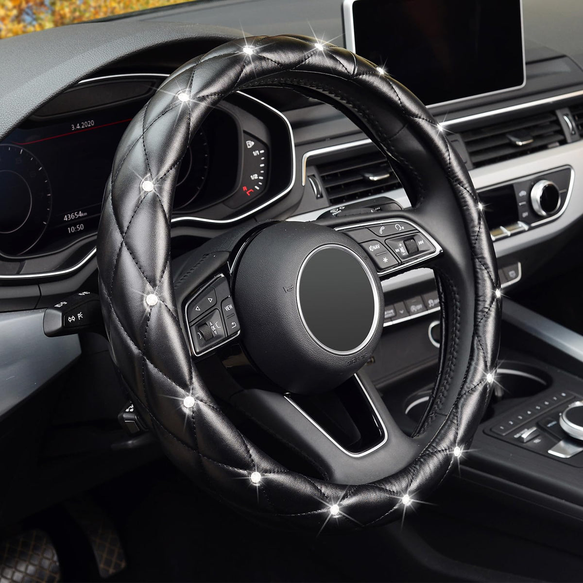 KAFEEK Diamond Leather Steering Wheel Cover, 15 Inch, Black