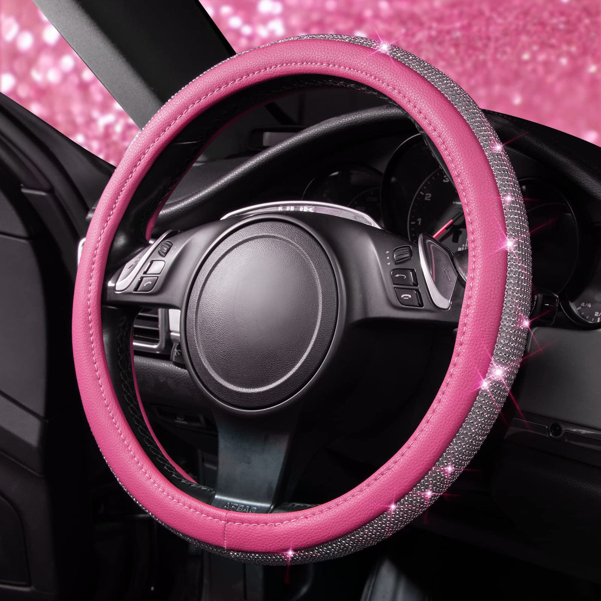 CAR PASS Bling Diamond Leather Steering Wheel Cover, with Bling Sparkly Crystal Glitter Rhinestones Universal Fit 14.5in-15in Car Wheel Protector for Women Girl Fit Suvs,Vans,Sedans,Car,Trucks, Silver