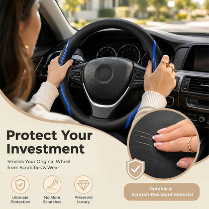 Steering Wheel Cover Blue and Black Leather Universal 14.5-15 inch