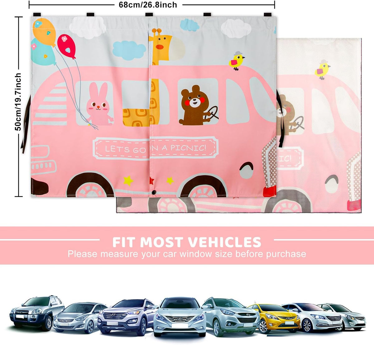 Car Window Shades, 2pcs Magnetic Car Curtains for Side Windows Privacy Full Covers/Half Shade Options, Cute Cartoon Auto Sunshades for Baby Protection Pink