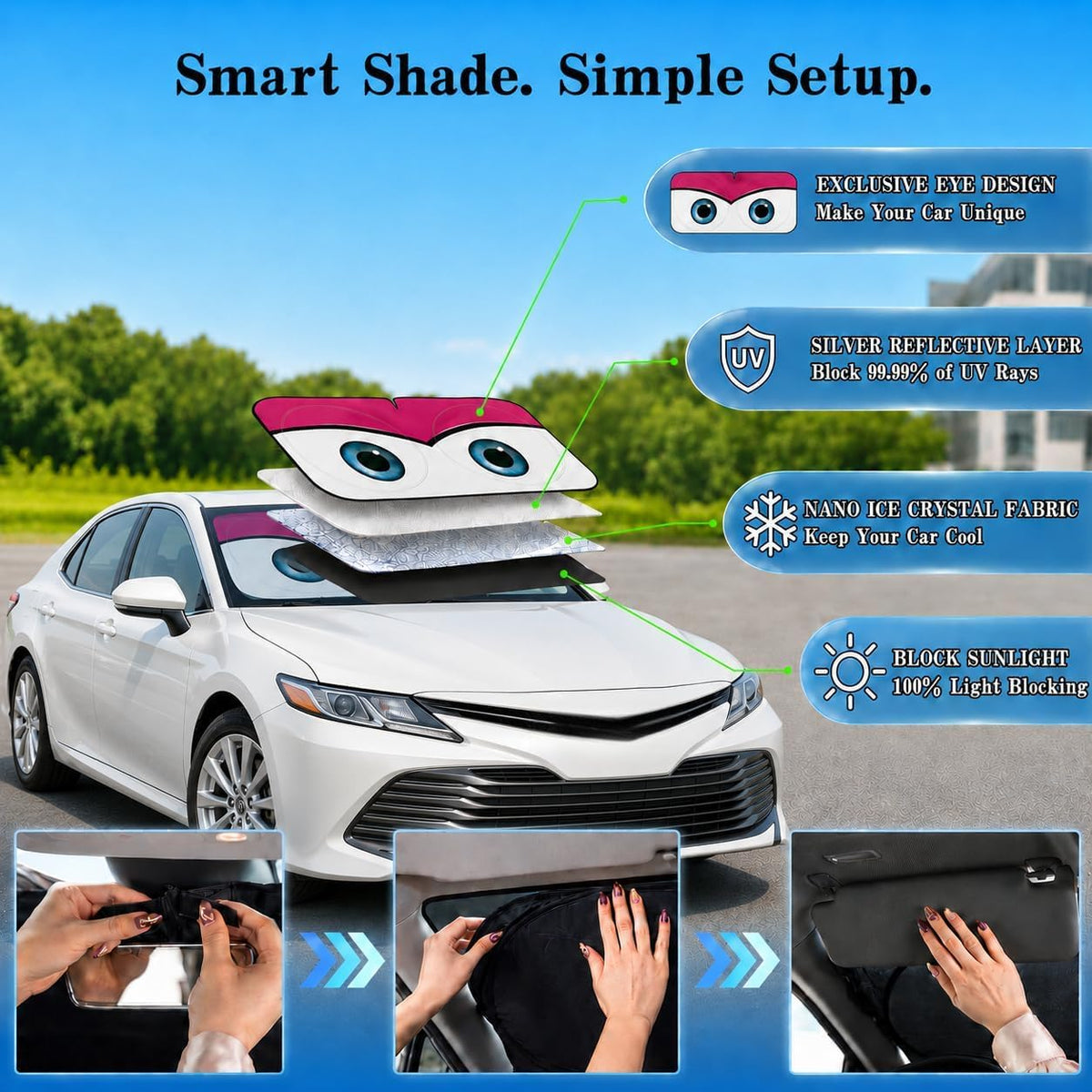 Car Windshield Sun Shade, Universal Fit Midsized Sedan SUV, Cute Pink