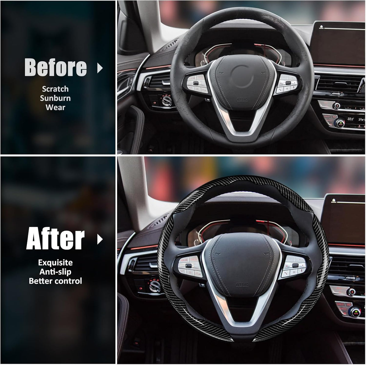 Carbon Fiber Steering Wheel Covers 3 piece Clip on Steering Wheel Cover (Black)