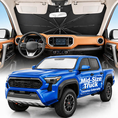 [2026 Upgraded] Weektic Truck Windshield Sun Shade for F-150/Silverado/Tundra/RAM 1500/Sierra - 5 Layers Ice Crystal Coating Blocks 99% UV, Cools Interior | 360° Swivel Handle for Easy Use
