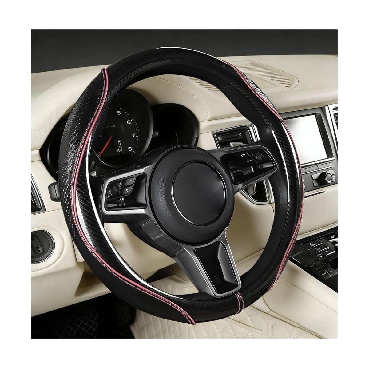 Car Steering Wheel Cover, 14.5-15 Inch Carbon Fiber, Beige