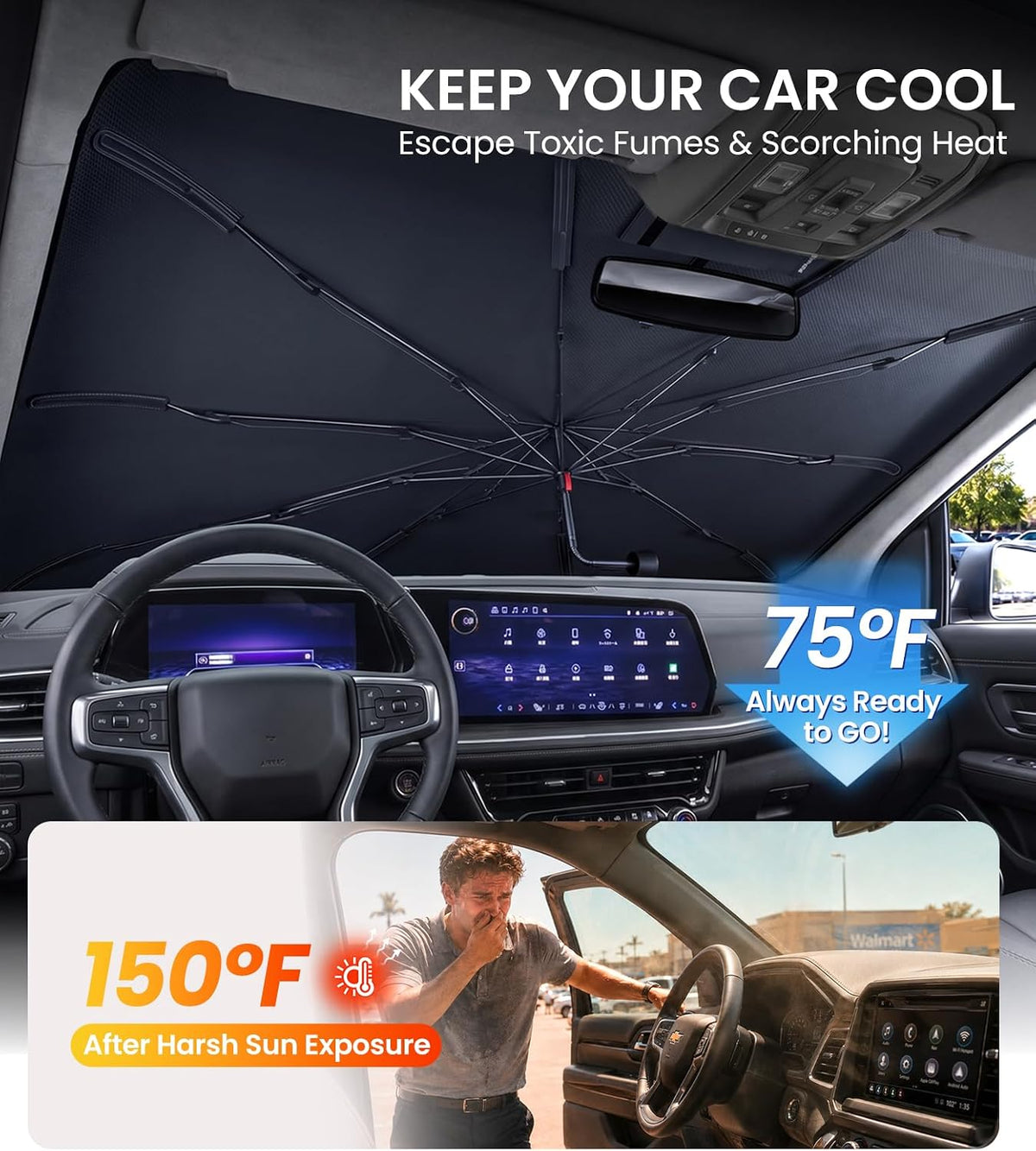for Chevrolet Tahoe & Traverse 2010-2026 | Zanch Windshield Sun Shade Umbrella [99% UV Protection, Up to 75℉ Cooler] Snug Fit, Scratch-Free, Built to Last, Foldable Front Sunshade Umbrella