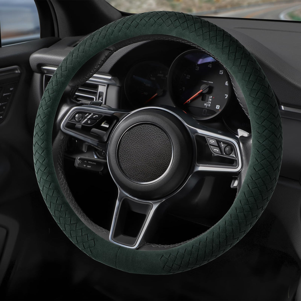Suede Steering Wheel Cover with Upgraded Silicone Inner Ring, Anti Heat, Breathable, Anti-Slip, Leather Universal 14.5 to 15 inch Steering Wheel Cover (Black and Red, Solid)