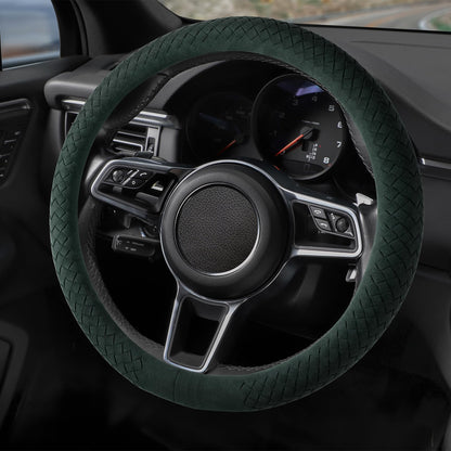 Suede Steering Wheel Cover with Upgraded Silicone Inner Ring, Anti Heat, Breathable, Anti-Slip, Leather Universal 14.5 to 15 inch Steering Wheel Cover (Black and Red, Solid)