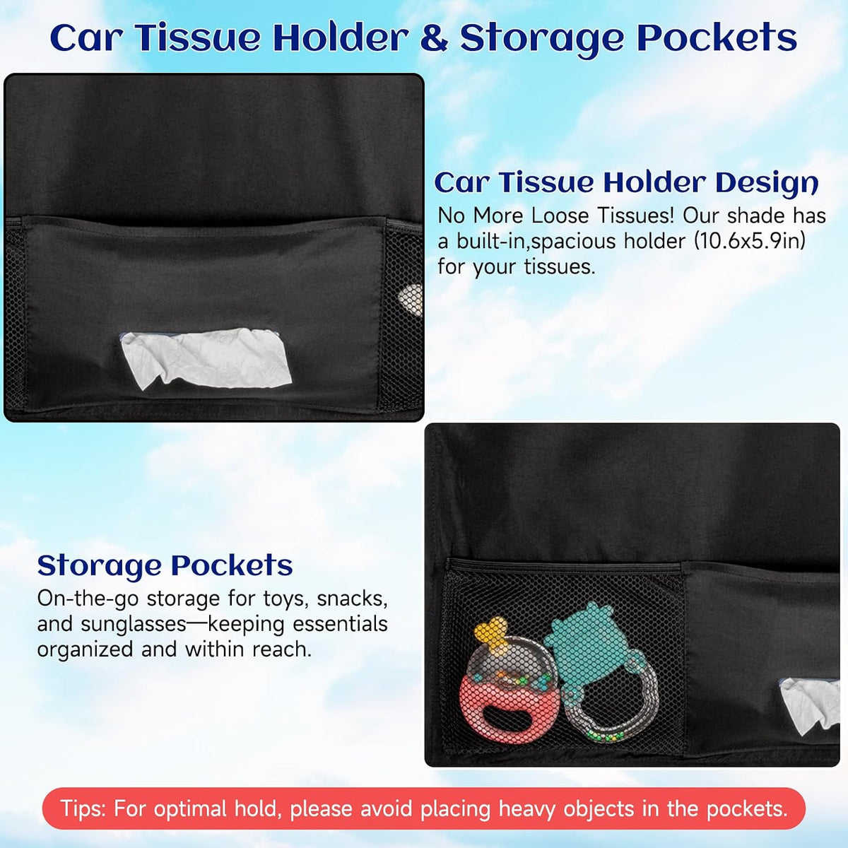 Car Window Shades, 2 Pcs 5 Suction Cups Car Sun Shade for Baby with Car Tissue Holder & Storage Net Pocket, Car Window Curtain for Heat/UV Protection Sun Block Covers, Car Camping Accessories