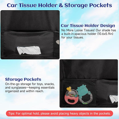 Car Window Shades, 2 Pcs 5 Suction Cups Car Sun Shade for Baby with Car Tissue Holder & Storage Net Pocket, Car Window Curtain for Heat/UV Protection Sun Block Covers, Car Camping Accessories