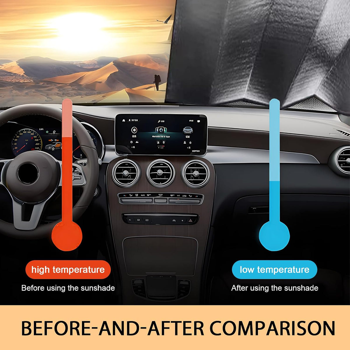 Accordion Foldable Windshield Sun Shade, Reflective Sunlight Highly Effective Cooling Heat Insulation Sunshade, Convenient to Stow Summer Accessories, Suitable for Most Cars (Silver #M)