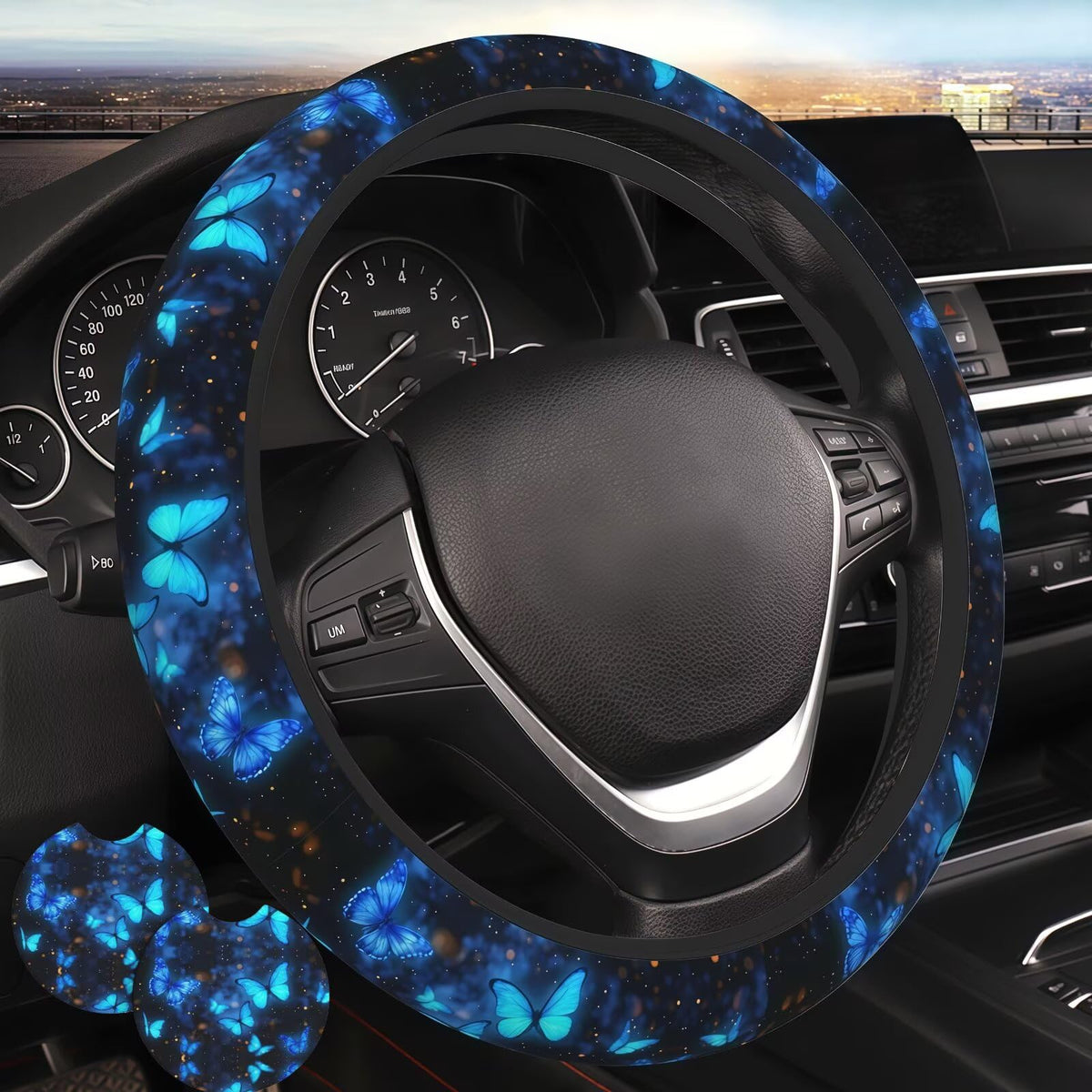 Wildflower car Steering Wheel Cover Women 15in Flower 2 Cup Coasters
