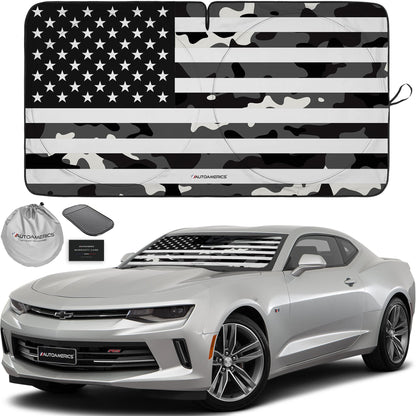 Autoamerics 1-Piece Windshield Sun Shade B&W American Flag USA Patriotic Design - Foldable Car Front Window Sunshade for Most Sedans SUV Truck - Blocks Max UV Rays and Keeps Your Vehicle Cool - Small