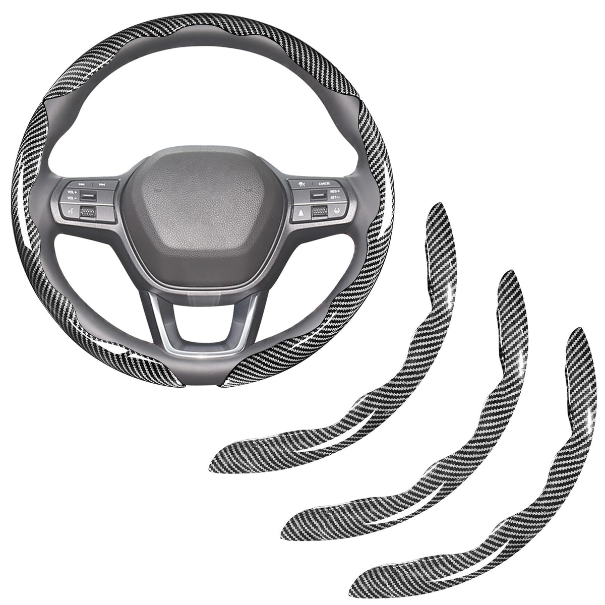 Carbon Fiber Steering Wheel Covers 3 piece Clip on Steering Wheel Cover (Black)