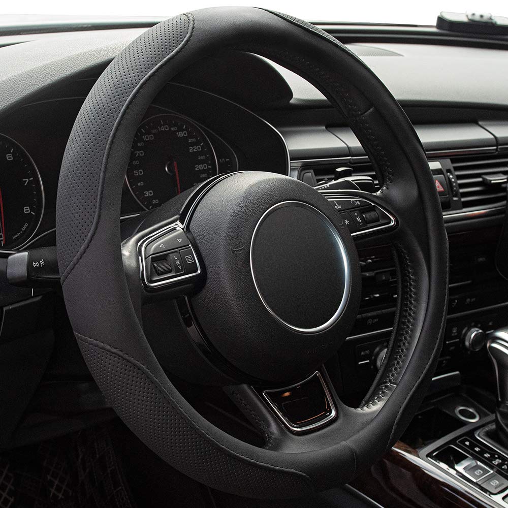 Car Steering Wheel Cover,14.5-15 Inch Black Universal Microfiber Leather Covers Breathable Anti-Slip Odorless Steering Wheels Accessories for Men Women