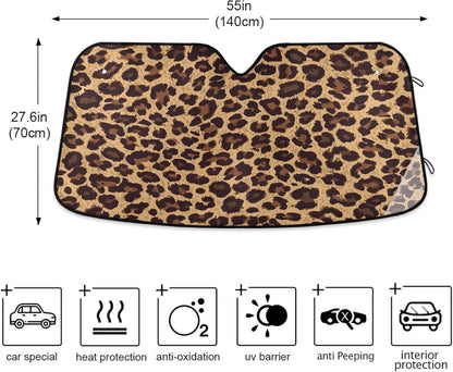 Leopard Skin Print Car Windshield Sun Shade Animal Brown Foldable UV Ray Sun Visor Protector Sunshade to Keep Your Vehicle Cool (55" x 27.6")