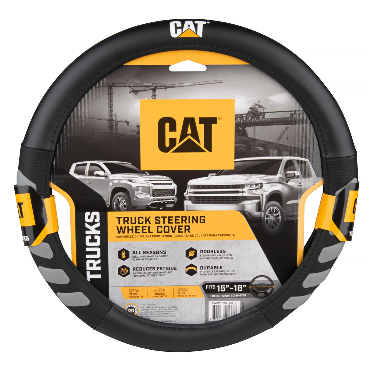 CAT® DuraGrip Car Steering Wheel Cover, Black Tire Tread Traction Design, Auto Steering Wheel Cover for Cars Trucks Vans SUVs, Improve Grip and Control, Durable Comfortable - Large 15"-16" Inches