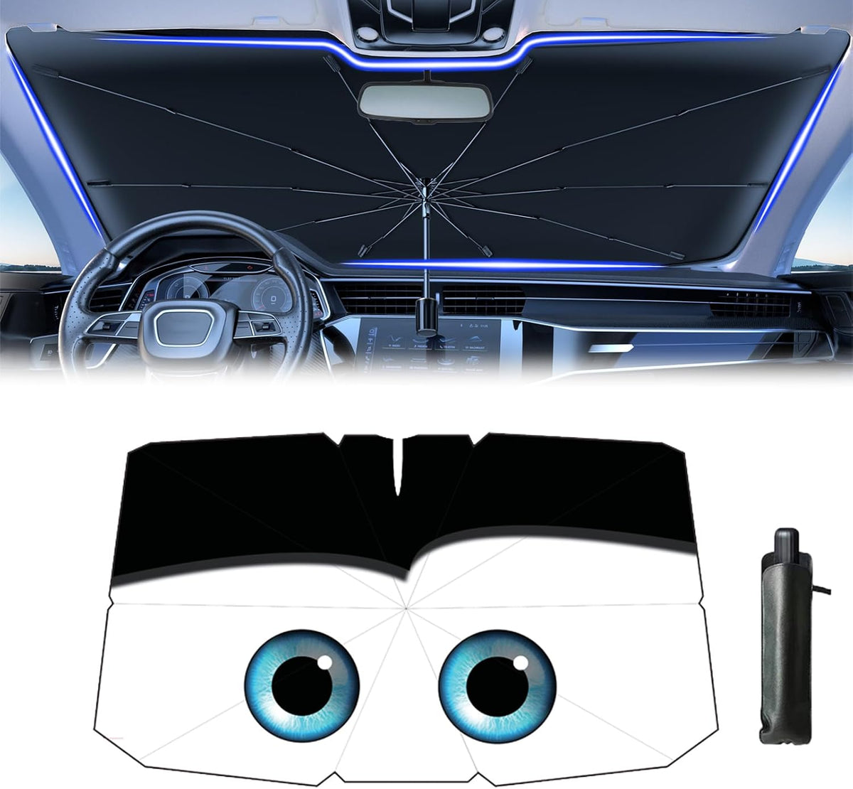 Windshield Sun Shade 2025 Car Accessories 100% Blackout Car Front Windsow Shades Umbrella Automotive Sun Visor Block Heat Insulation Protection (Black Eyes)