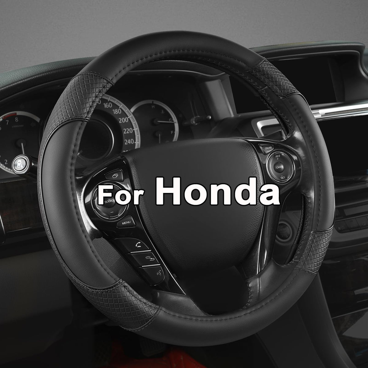 GIANT PANDA Microfiber Leather Steering Wheel Cover for Honda Accord,Civic,CR-V,HR-V,Pilot(Diamond-Pattern-Black-Standard Size)