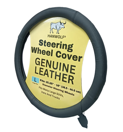Steering Wheel Cover, Black, Real Genuine Leather, 15 inch, for Men and Women, Universal, Stretch On, Heat Resistant, Stays Cool, Non-Slip, HANWOLF
