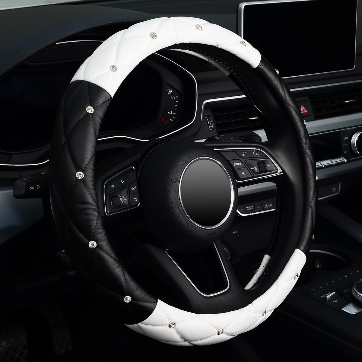 KAFEEK Diamond Leather Steering Wheel Cover, 15 Inch, Black