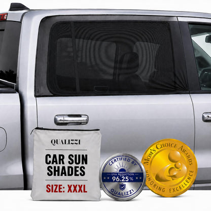 XL/Car Side Window Shades for SUV. 8 Sizes/2 Pack. Stretch-to-Fit Mesh for Rear Windows Up to H:20" x W:46". Sun, Heat & Bugs Protection, Blocks 96% UVA. Camping Windows Screens | Qualizzi®