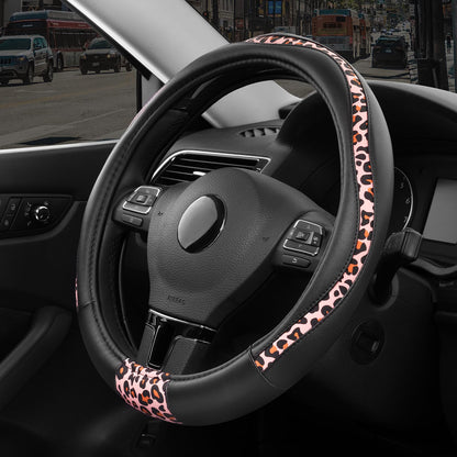 Road Comforts Steering Wheel Cover - Flat Bottom Wheel Cover Made with PVC Leather and Leopard Fabric - Universal Fit for 15-Inch D-Shaped Automotive Steering Wheels (Black Color)