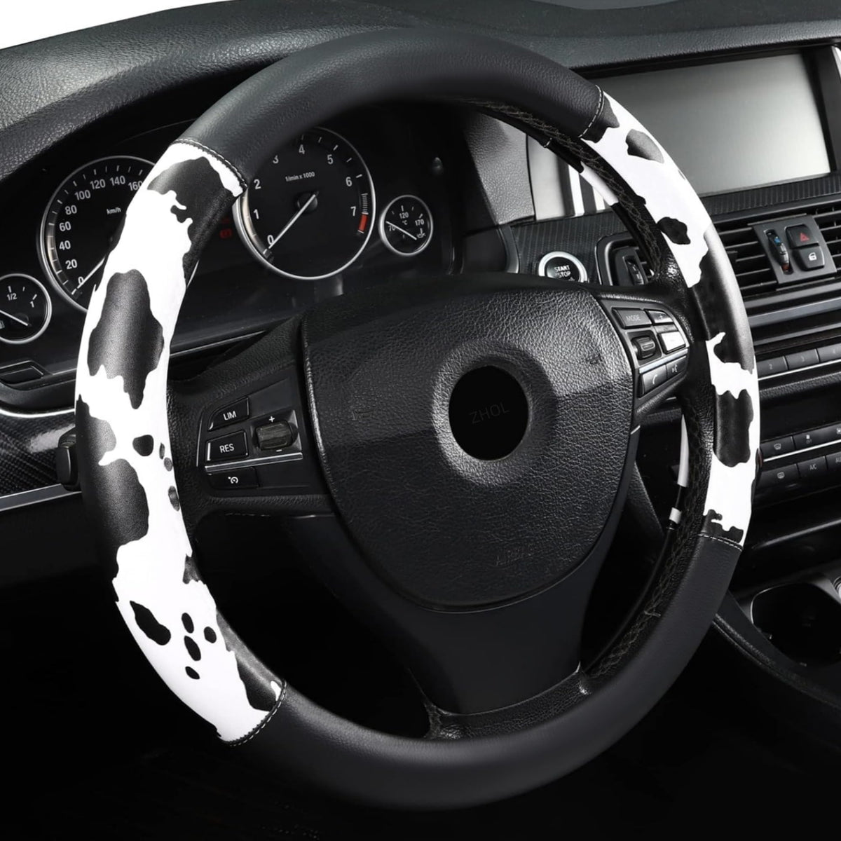 Cow Print Steering Wheel Cover,14.5-15",Microfiber Leather,Anti-Slip,Women