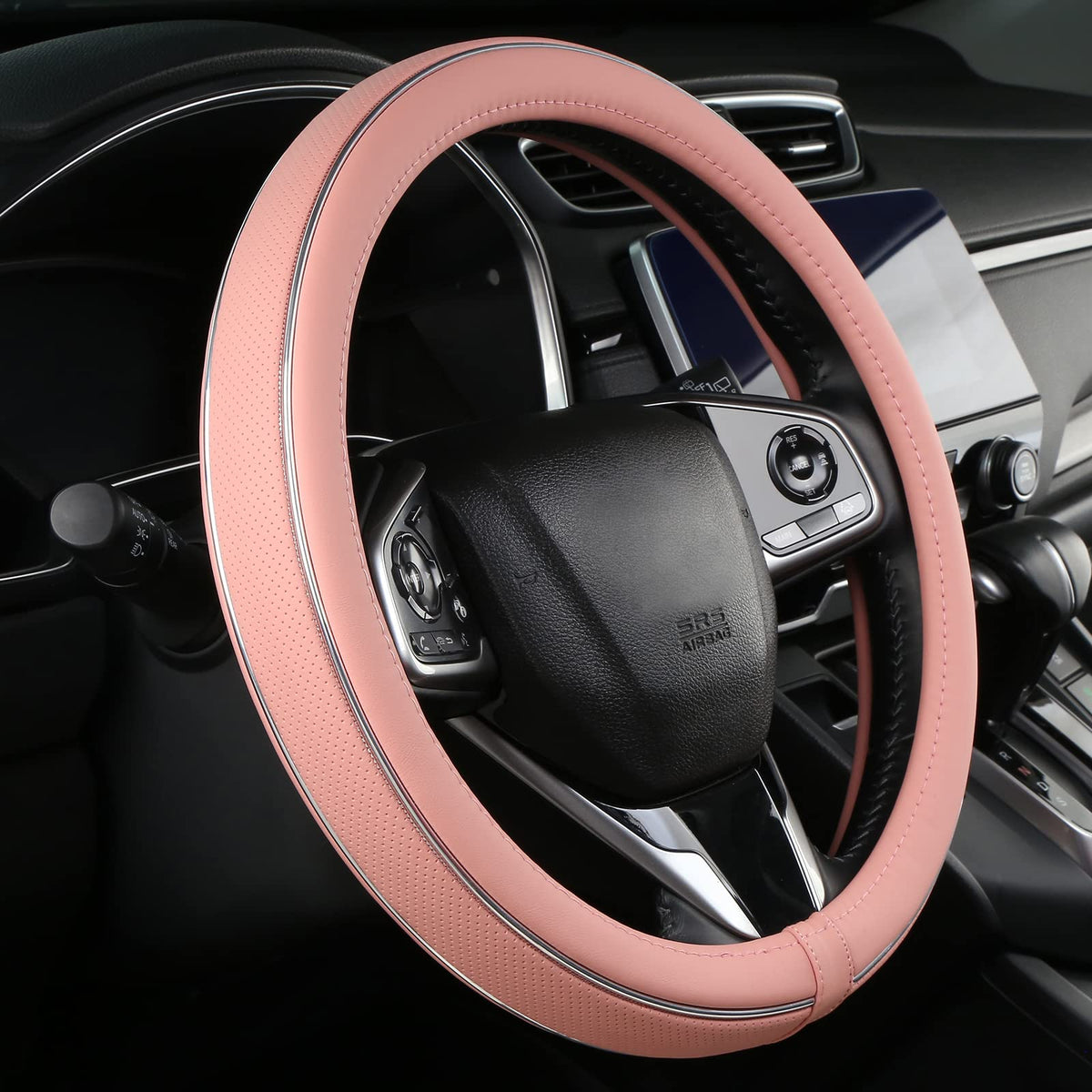 ALEMODR Green Leather Steering Wheel Cover Fiber Strip Car Steering Wheel Cover Universal 15 inch