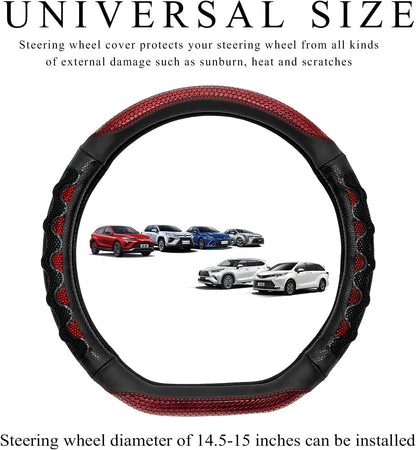 Car Steering Wheel Cover, 15 Inch Anti-Slip Steering Wheel Cover Protector with 3D Honeycomb Design, Universal Steering Wheel Covers for Cars Truck SUV, Car Accessories (Red)