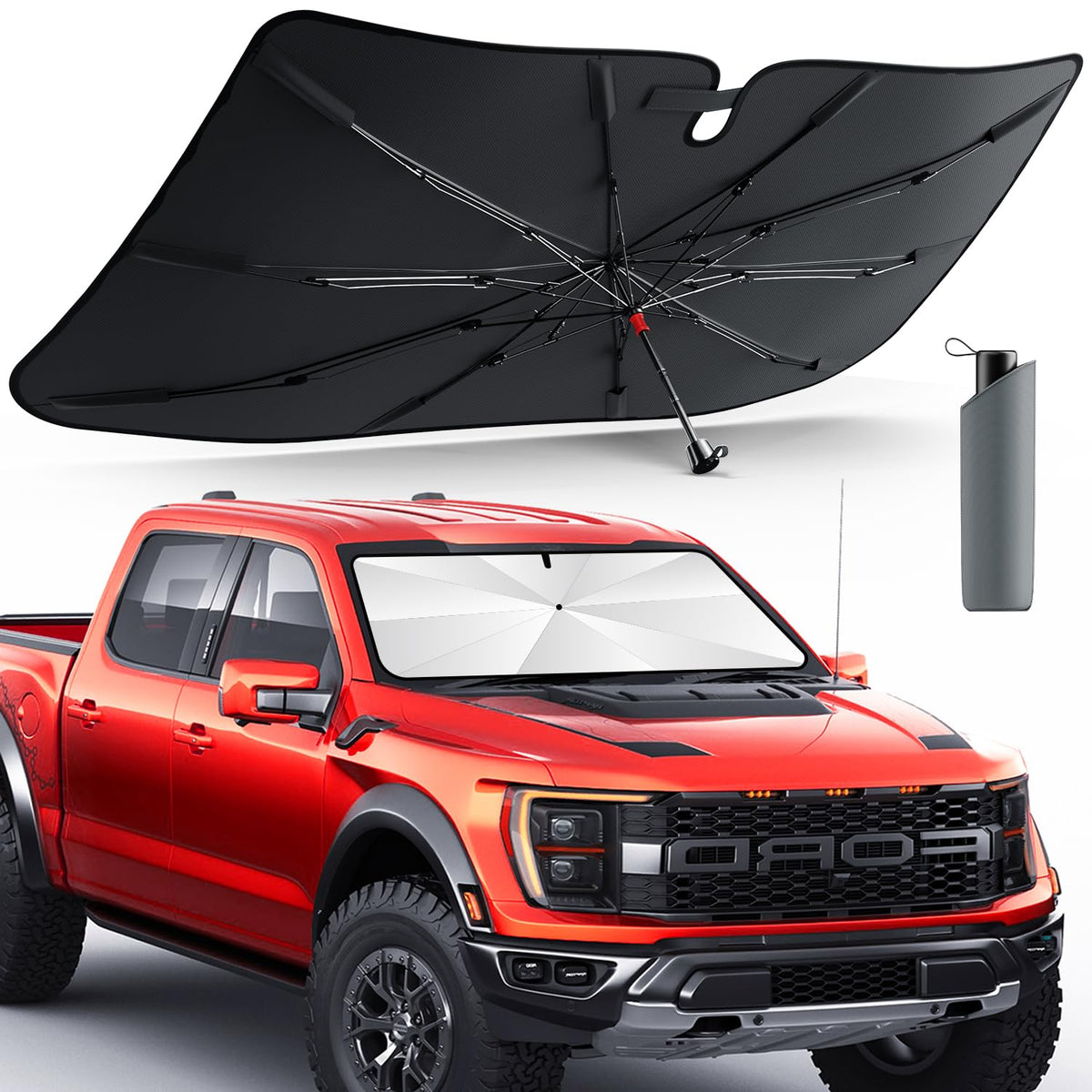 DMJN Umbrella Windshield Sun Shade for Car & SUV, Car Sunshade for Front Windshield [Nano Ice-Crystal Coatings] UPF50+ Heat & UV Block, Protect Interior & Keep Cooler Universal for Most of Sedan & SUV