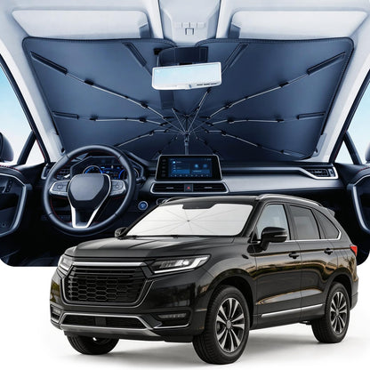 DMJN Umbrella Windshield Sun Shade for Car & SUV, Car Sunshade for Front Windshield [Nano Ice-Crystal Coatings] UPF50+ Heat & UV Block, Protect Interior & Keep Cooler Universal for Most of Sedan & SUV