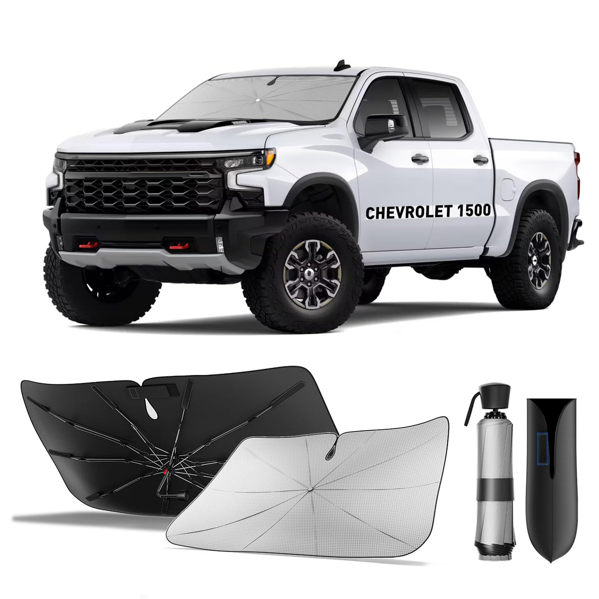 for Chevrolet Tahoe & Traverse 2010-2026 | Zanch Windshield Sun Shade Umbrella [99% UV Protection, Up to 75℉ Cooler] Snug Fit, Scratch-Free, Built to Last, Foldable Front Sunshade Umbrella