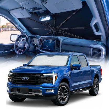 [2026 Upgraded] Weektic Truck Windshield Sun Shade for F-150/Silverado/Tundra/RAM 1500/Sierra - 5 Layers Ice Crystal Coating Blocks 99% UV, Cools Interior | 360° Swivel Handle for Easy Use