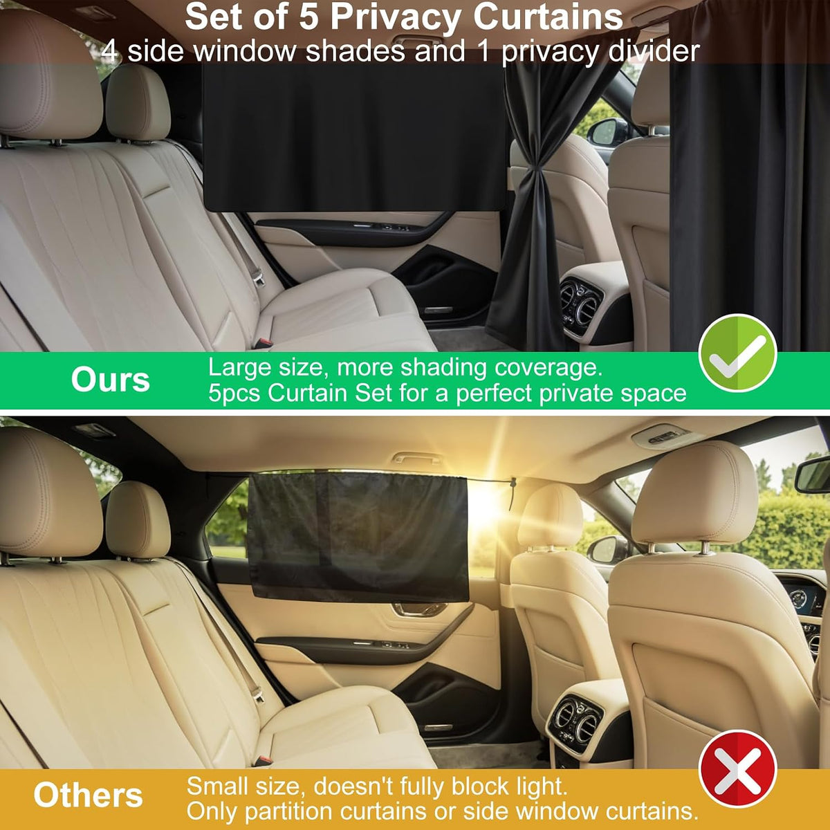 5Pcs Car Window Curtains, 4Pcs Car Side Window Shades & Car Divider Curtain