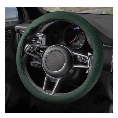 Suede Steering Wheel Cover with Upgraded Silicone Inner Ring, Anti Heat, Breathable, Anti-Slip, Leather Universal 14.5 to 15 inch Steering Wheel Cover (Black and Red, Solid)