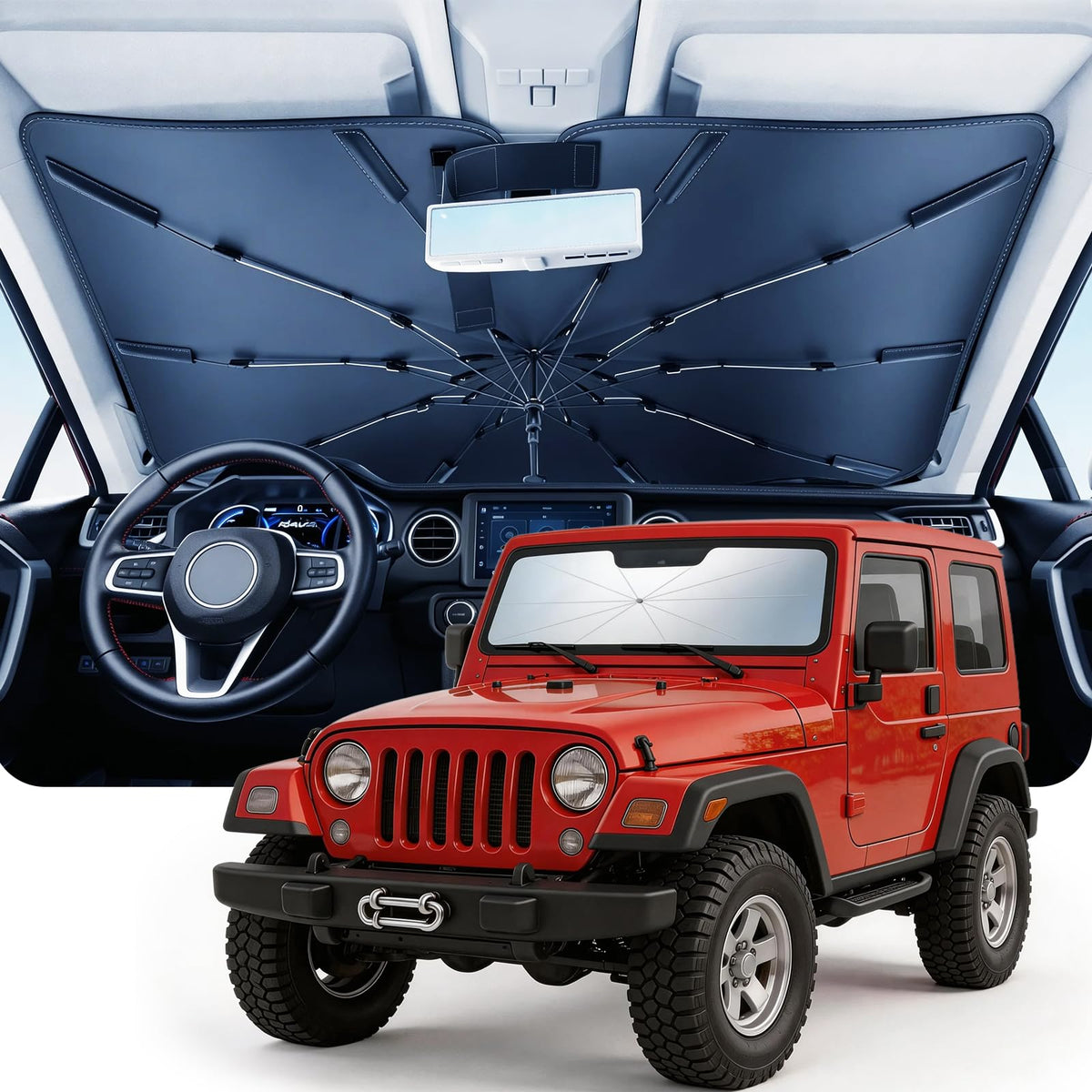 DMJN Umbrella Windshield Sun Shade for Car & SUV, Car Sunshade for Front Windshield [Nano Ice-Crystal Coatings] UPF50+ Heat & UV Block, Protect Interior & Keep Cooler Universal for Most of Sedan & SUV