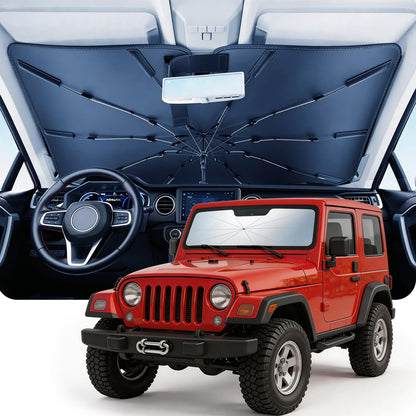 DMJN Umbrella Windshield Sun Shade for Car & SUV, Car Sunshade for Front Windshield [Nano Ice-Crystal Coatings] UPF50+ Heat & UV Block, Protect Interior & Keep Cooler Universal for Most of Sedan & SUV