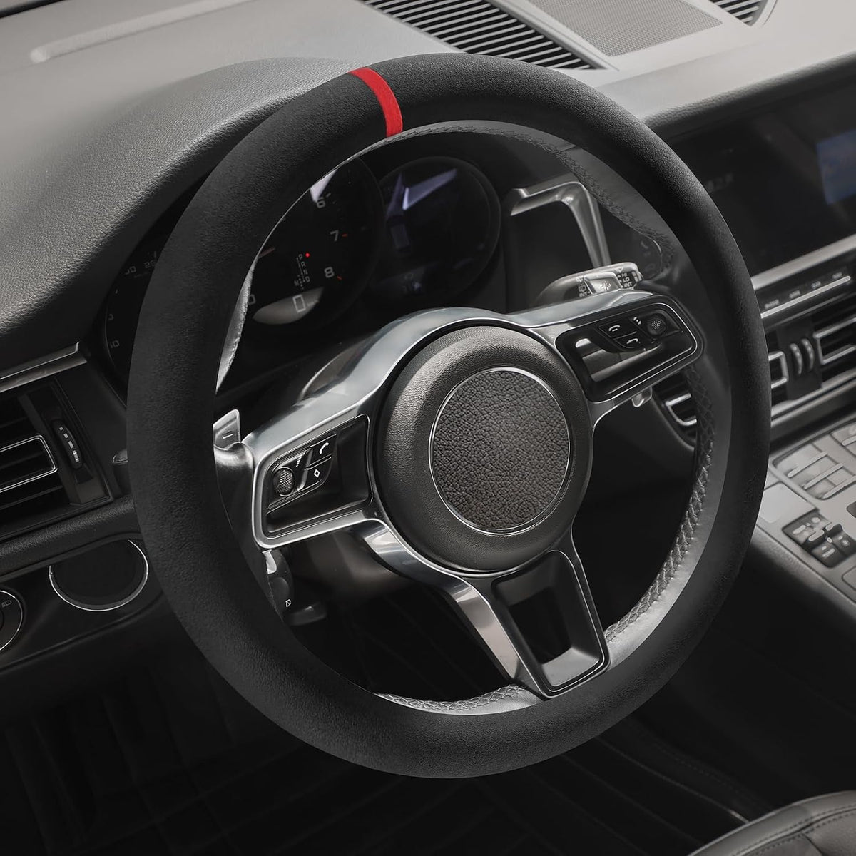 Suede Steering Wheel Cover with Upgraded Silicone Inner Ring, Anti Heat, Breathable, Anti-Slip, Leather Universal 14.5 to 15 inch Steering Wheel Cover (Black and Red, Solid)