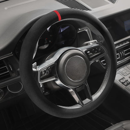 Suede Steering Wheel Cover with Upgraded Silicone Inner Ring, Anti Heat, Breathable, Anti-Slip, Leather Universal 14.5 to 15 inch Steering Wheel Cover (Black and Red, Solid)