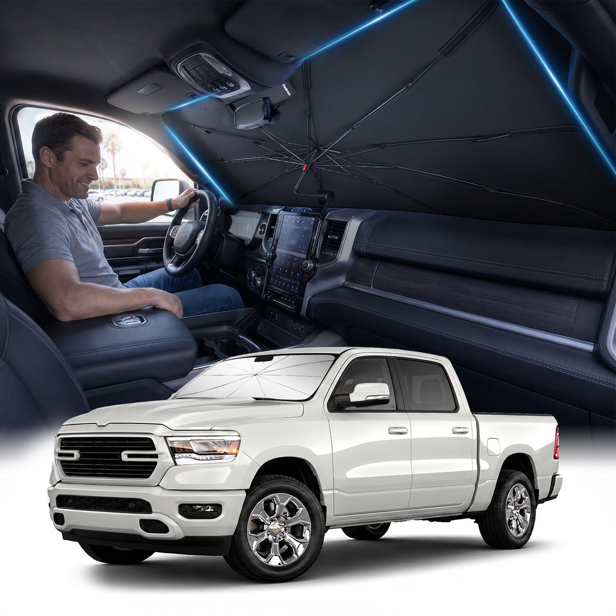 for Chevrolet Tahoe & Traverse 2010-2026 | Zanch Windshield Sun Shade Umbrella [99% UV Protection, Up to 75℉ Cooler] Snug Fit, Scratch-Free, Built to Last, Foldable Front Sunshade Umbrella