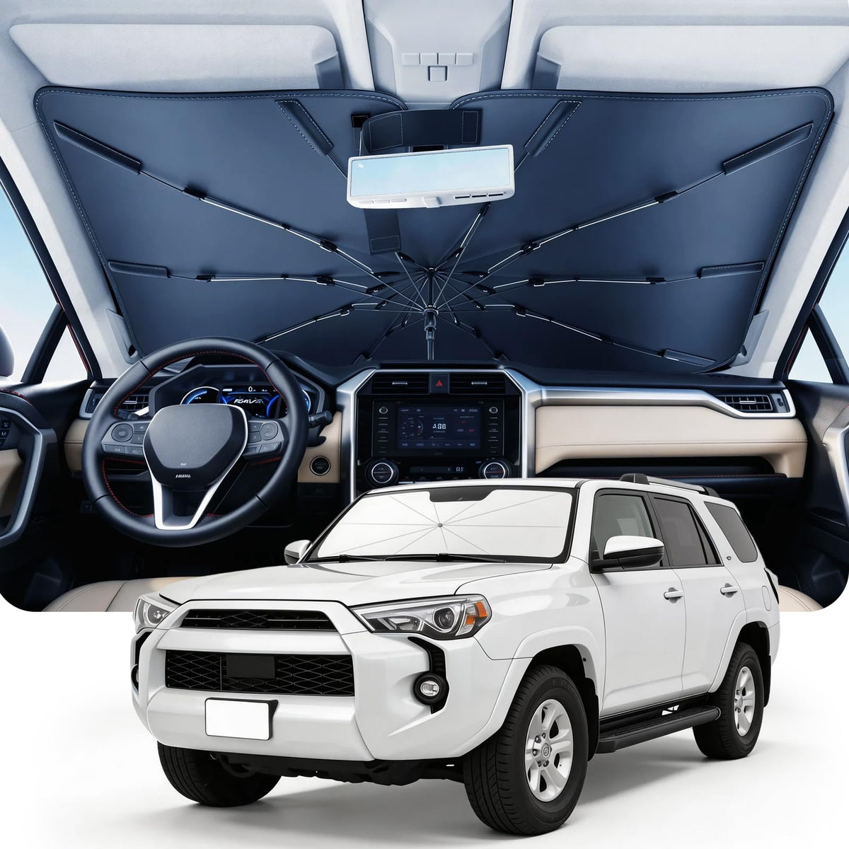 DMJN Umbrella Windshield Sun Shade for Car & SUV, Car Sunshade for Front Windshield [Nano Ice-Crystal Coatings] UPF50+ Heat & UV Block, Protect Interior & Keep Cooler Universal for Most of Sedan & SUV