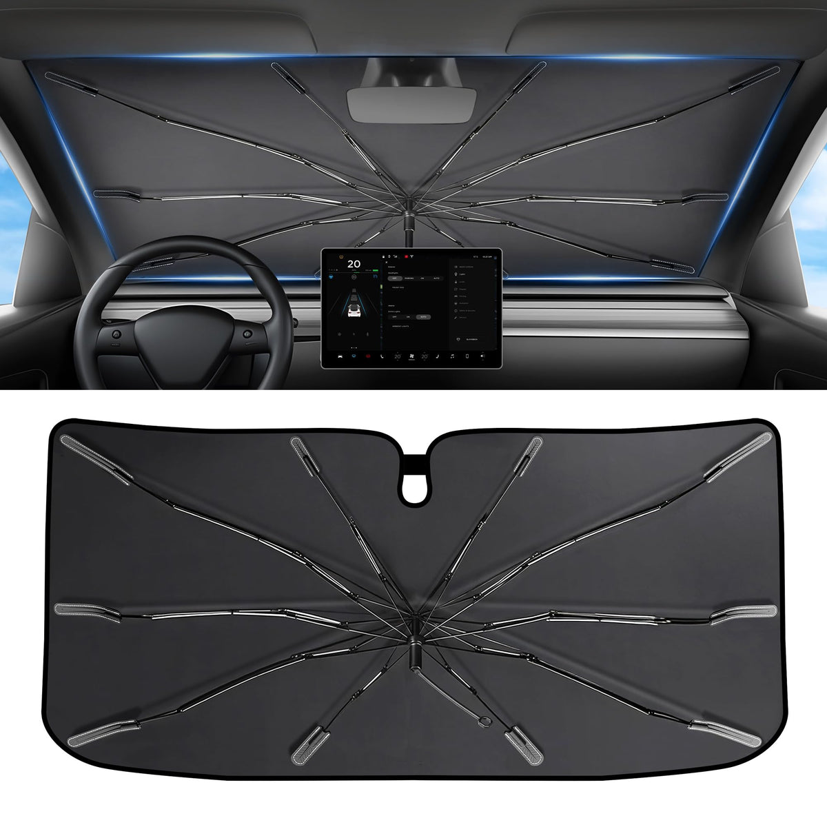 2026 Upgraded Windshield Sun Shade Umbrella [7-Layer Vinyl Coating Heat Shield] Foldable Front Window Sunshade Umbrella Flexible Handle Protect Interior from UV Keep Car Cooler (57" x 31")