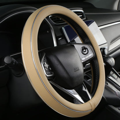 ALEMODR Green Leather Steering Wheel Cover Fiber Strip Car Steering Wheel Cover Universal 15 inch